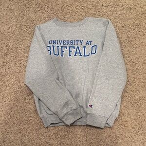 Champion Gray Crewneck Sweater with Blue University at Buffalo Logo